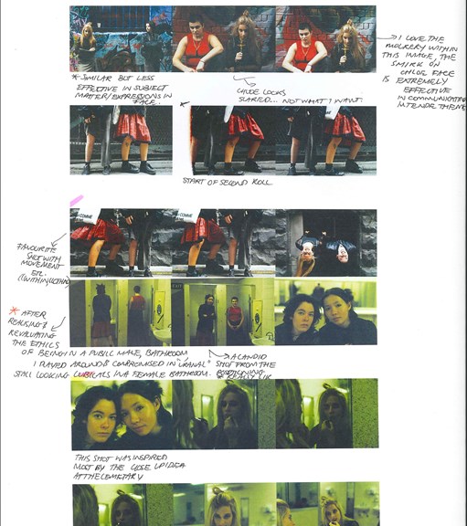 A page from a student design folio that annotations with colorful examples of photographs with young people in urban settings with different lighting and exposures 