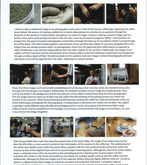  A page from a student design folio that shows typed reflection on the production management and small photographs that show potential image choices 