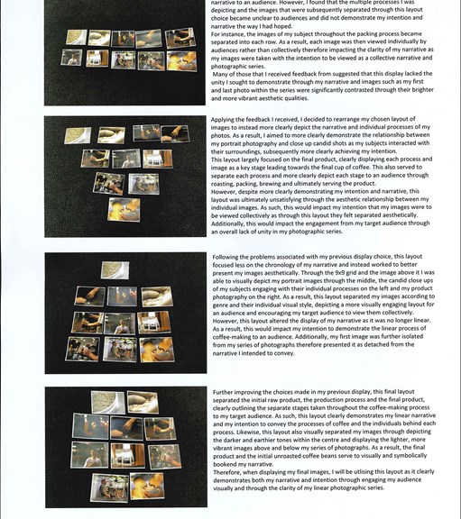 A page from a student design folio that shows typed reflection on the production management and small photographs that show potential layout of images placed on black background 