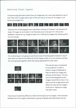 A page from a student design folio that shows typed text on the refinement of the layout, and includes over 30 small black and white photo thumbnails of a child's doll 