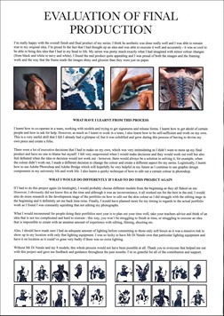 A page from a student design folio that shows a typed evaluation of the final production and includes four reference photographs in blue and skin tones and multiple small thumbnails of the final work 