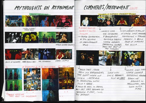 A page from a student design folio that shows thoughts on refinement of the final work that is handwritten with colorful examples of photographs with young people in urban settings with different lighting and exposures with hand written annotations 