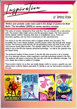 A page from a student design folio that shows research into cartoon inspired 1950s graphic and colorful movie posters with the typed text and a red border 