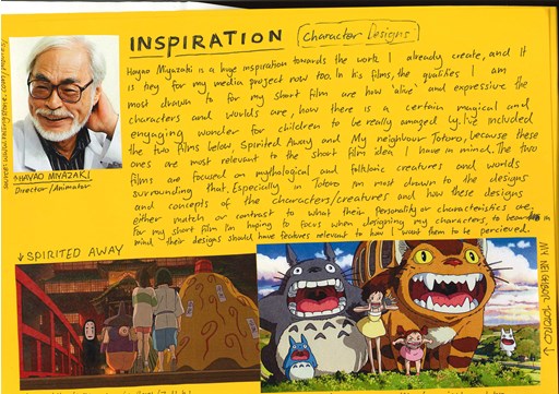 A page from a student design folio that shows inspiration for animation from Japanese contemporary and historical drawing and animation. This page is hand written annotations in black ink on Yellow paper with colorful stills from film that have been cut out and stuck on to the page