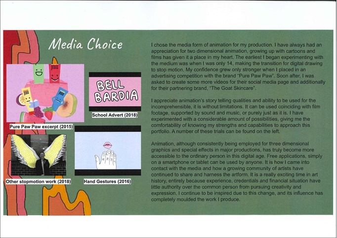 A page from a student design folio that shows on the left hand side thumbnail still from several animations that are colorful and graphic. This page is green with typed research into the students choice of animation 