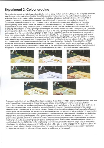 A page from a student design folio that shows the production experiments for stop motion animation color grading this image has eight thumbnail images for a test shoot and a large typed reflection on the process 