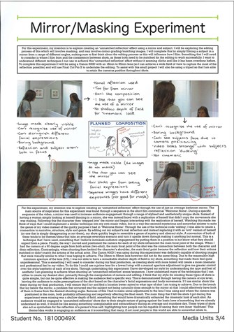 A page from a student design folio that shows a production experiment for mirror masking, with four photographs of the experiment and a hand drawn sketch and typed reflection  