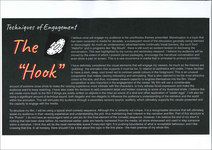 A page from a student design folio that shows techniques of engagement. This page is black with white writing and has the hook in red cursive text on the top left of the image.  