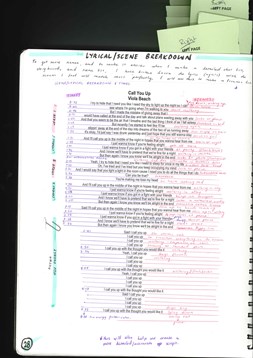 A page from a student design folio that shows a detailed story board in pen highlighter and pencil with timings for the music track for the pre-production of a music video 