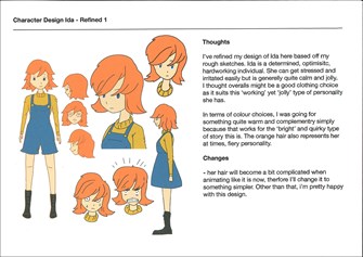 A  page from a student design folio that shows the character development and preproduction of a series of brightly colored Japanese animation inspired characters from water color to final options 