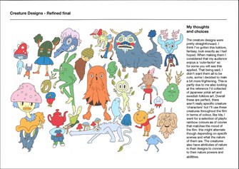 A  page from a student design folio that shows the character development and preproduction of a series of brightly colored Japanese animation inspired characters from water color to final options 