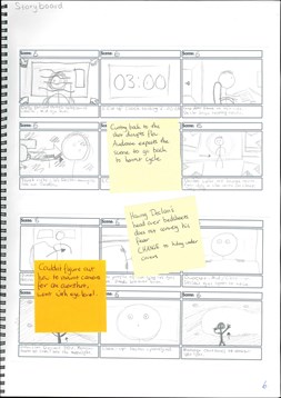 A page from a student design folio that shows  a digitally rendered and colored story board of elderly man walking into a shop 