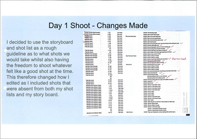 A page from a student design folio that shows a shot list and the changes made during the production. This is a detailed list of shots on a blue background with typed texts 