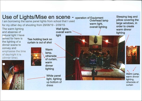 A page from a student design folio that shows the use of light for the production of an interior with red wallpaper and two actors in Victorian costuming    