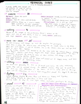 A page from a student design folio that shows detailed hand written notes in colored pens that describe feedback on the production 