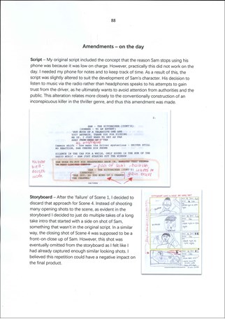 A page from a student design folio that shows the amendments on the day to a script including a hand drawn story board 
