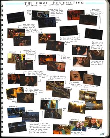 A page from a spiral bound student design folio that shows over 30 small colored thumbnails people and spaces like train stations that have numerous hand written annotations 