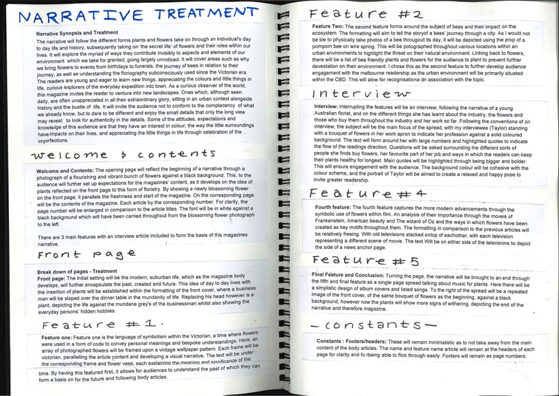 A double page from a  student design folio that shows the students typed and hand written responses to the narrative treatment of her work