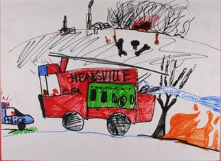 A child's drawing of a fire truck done using felt tip pens