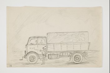 Pencil drawing on paper of a military truck