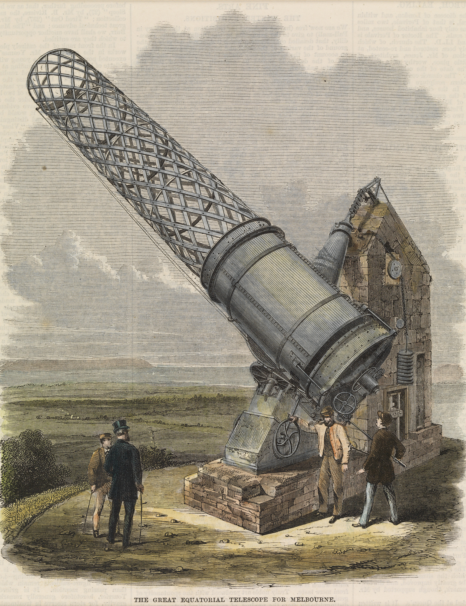 Mounted print of a coloured engraving of the Great Melbourne Telescope, from The Illustrated London News, 14 November 1868. The image is based on a photograph of the telescope temporarily erected in Thomas Grubb's workshop yard in Dublin in 1868. The engraving has tranposed the telescope to an imagined rural landscape.
