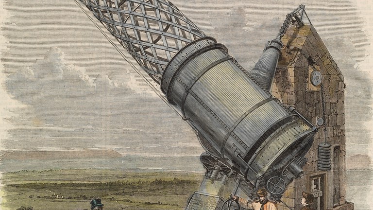 Mounted print of a coloured engraving of the Great Melbourne Telescope, from The Illustrated London News, 14 November 1868. The image is based on a photograph of the telescope temporarily erected in Thomas Grubb's workshop yard in Dublin in 1868. The engraving has tranposed the telescope to an imagined rural landscape.