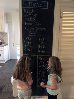 Two girls writing  on a chalk board