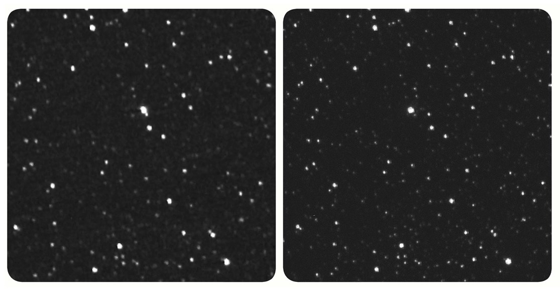 A change of position of our sun’s nearest neighbour, Proxima Centauri, in two images, one taken from the spacecraft New Horizons (left) and from Earth (right). 