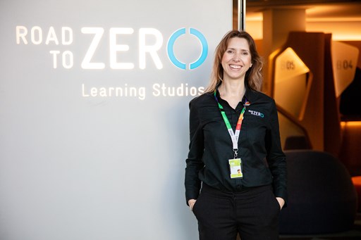 Road to Zero presenter Elke Barczak standing at the entrance of the Learning Studios, on the lower ground at Melbourne Museum