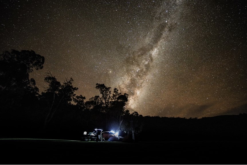 MV researchers camped at Native Dog Flat, with night sky capturing The Milky Way Galaxy.
