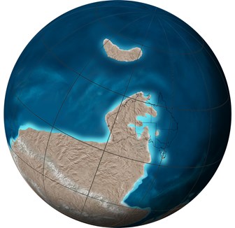 Orthographic or spherical map of global plate tectonic movement. Global paleogeographic reconstruction of the Earth.