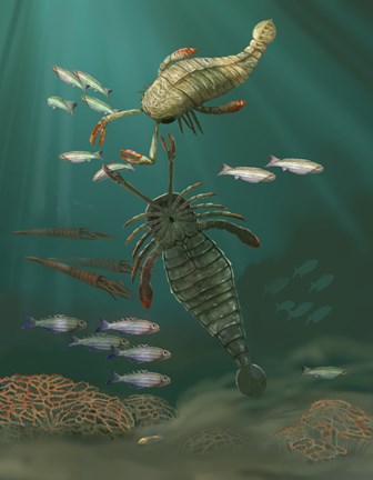 Illustration of Silurian marine environment including eurypterids, chain coral, fish