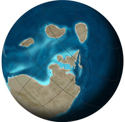 Orthographic or spherical map of global plate tectonic movement. Global paleogeographic reconstruction of the Earth.