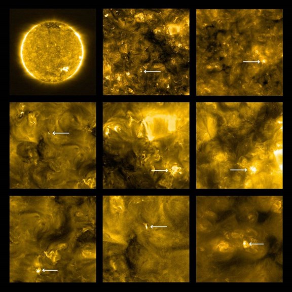 Detailed images taken in extreme ultraviolet by Solar Orbiter in May this year show solar corona features as small as 400 km including loops, dark tendrils, and small bright ‘campfires’ (arrowed).