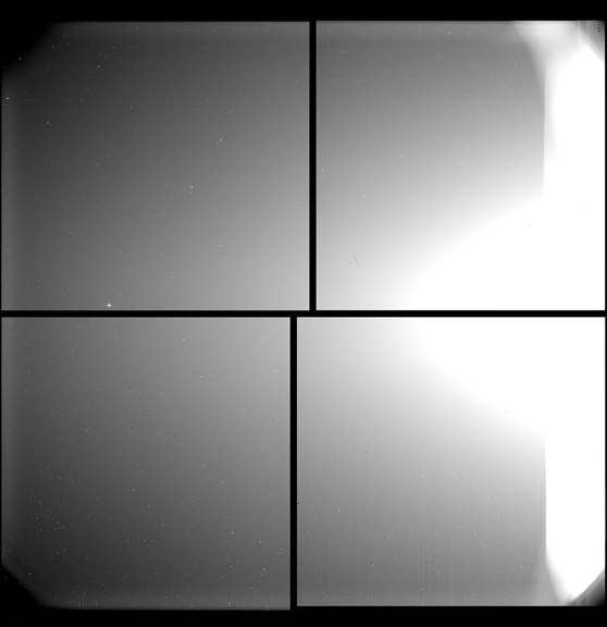Solar Orbiter’s picture of Zodiacal light (sunlight scattered by space dust), the white area protruding from centre right. The small dot at centre left is the planet Mercury.
