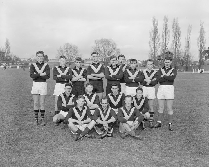 Team portrait of the Shell Company Australian Rules Football team, taken at Toorongo Oval.