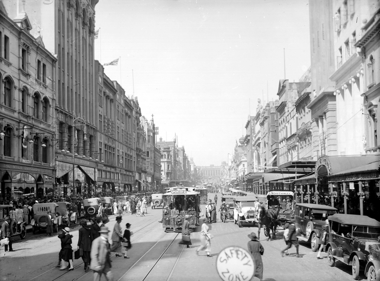 Bourke Street, looking north from above Elizabeth Street, showing Myer Emporium and Buckley & Nunn Ltd, 1920.