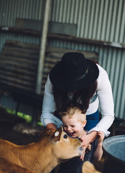 A small boy squeals in delight as he pats a calf, with his mother's help.