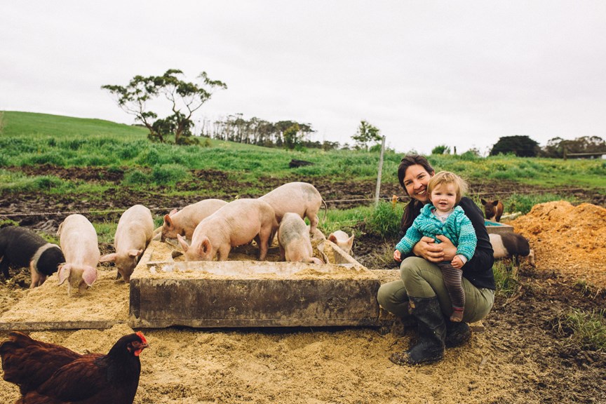 A farmer nurses her toddler amid a paddock of chickens and pigs. 