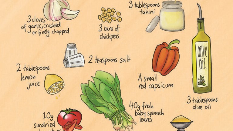 Illustration of ingredients used to make rainbow hummus
