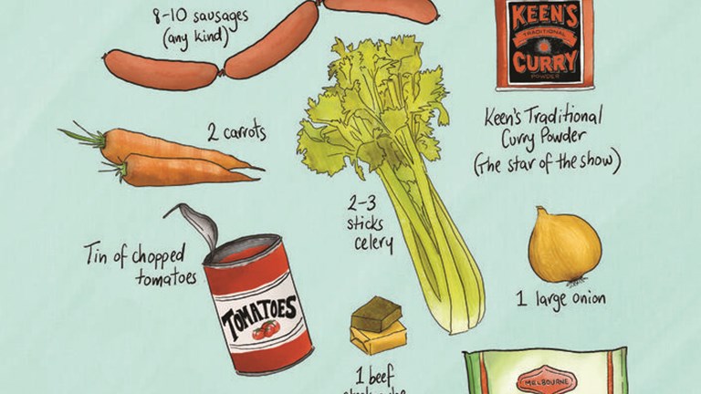 illustration of the ingredients need to make curry sausages