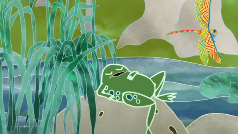 Illustration of a frog on a rock in a pond
