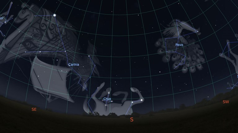 Image using Stellarium, a planetarium program with images of stars, planets and constellations highlighted using the Stellarium program.