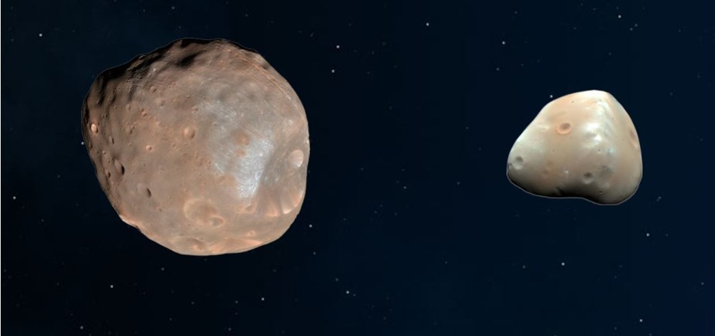 A composite of battered Phobos on left and apparently smoother Deimos on right.