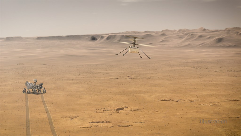An impression of Perseverance and its helicopter which has twin high speed counter-rotating blades for lift in the thin Martian atmosphere.