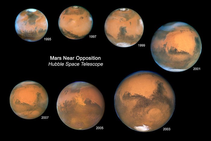 A composite of images by the Hubble Space Telescope. In 2003 Mars was exceptionally close at only 56 million km from Earth. Clouds and dust storms can obscure features at times, and as the planet rotates different sides can come into view.