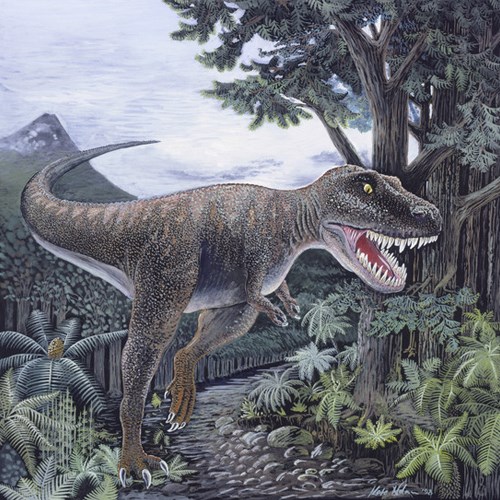 Colour illustration of the dinosaur Tarbosaurus bataar in a natural setting.