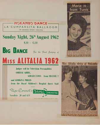 Page from a 36-page bound scrapbook collated by the Ceresoli family, containing newspaper advertisements, newspaper articles, posters and programs relating to the Mokambo Orchestra during the period 1952 to 1983