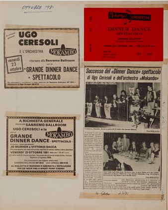Page from a 36-page bound scrapbook collated by the Ceresoli family, containing newspaper advertisements, newspaper articles, posters and programs relating to the Mokambo Orchestra during the period 1952 to 1983
