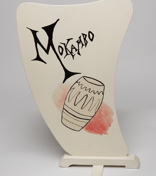 Music stand depicting a conga drum used by members of the Mokambo Orchestra during the 1950s